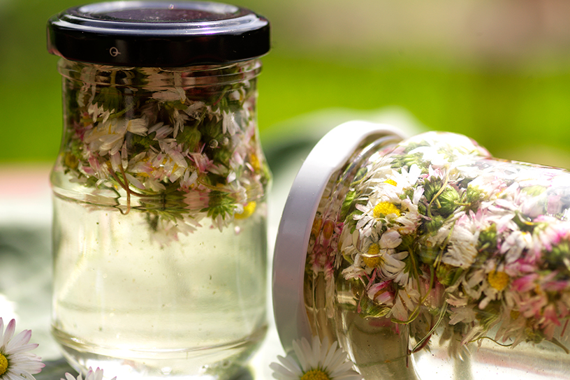 Twee potjes gevuld met siroop met madeliefjes