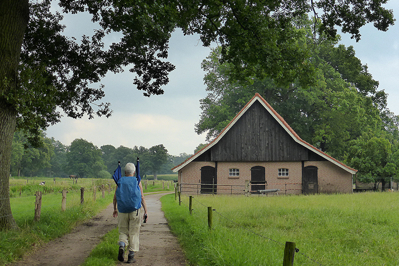 Wandelaar op een pad naar een gebouw